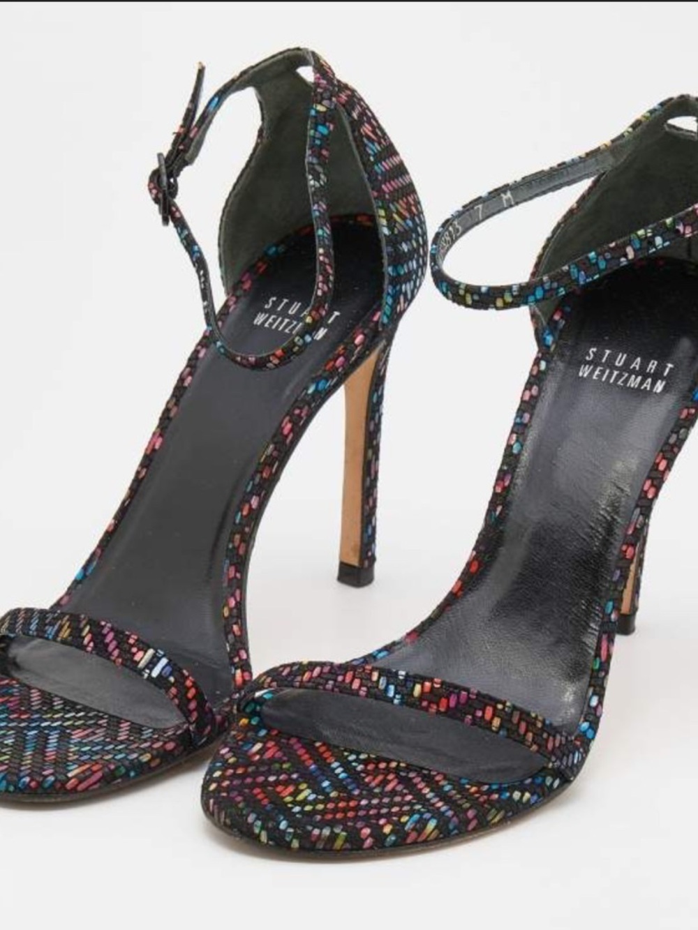 Stuart Weitzman Black Multicolor Woven Suede Ankle-Strap Heels Sz 6 1/2